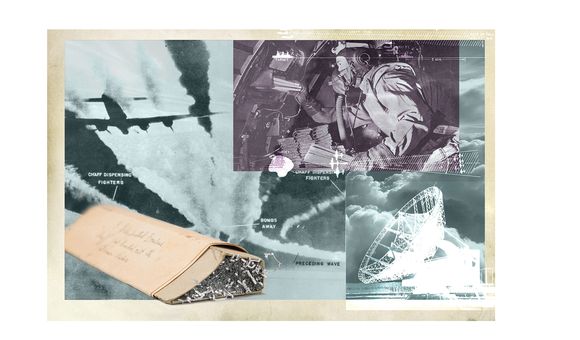 A photo collage consists of three black-and-white images taken in World War II: an airplane flying at high altitude, a man sitting inside the cabin of a bomber, and a large-dish ground radar.