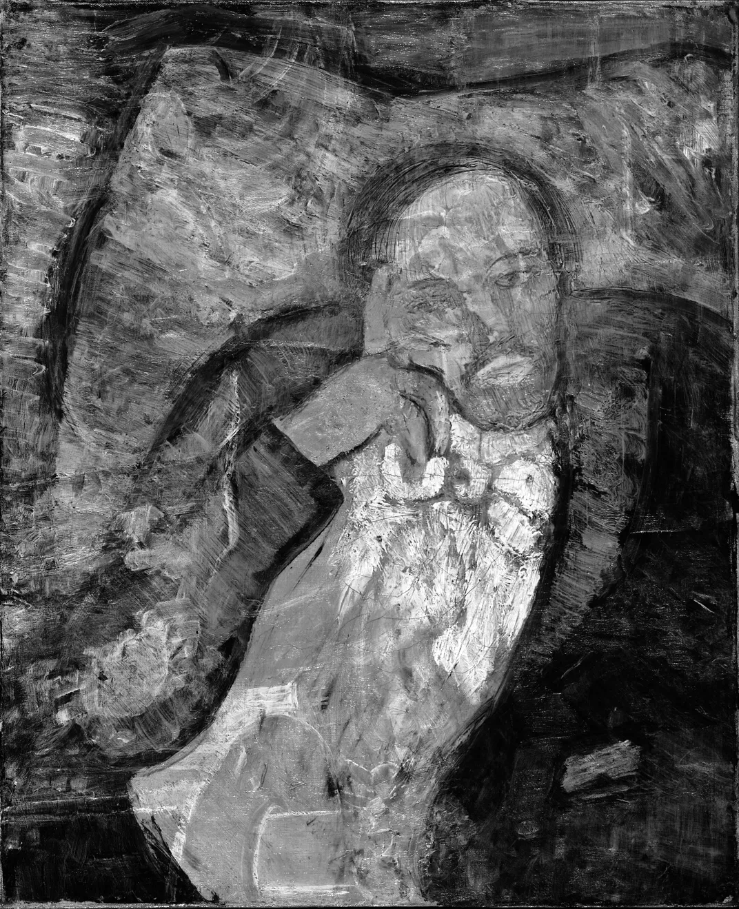 An infrared scan of Picasso's "The Blue Room" reveals the portrait of an unknown man underneath