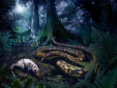 The ancestor of all living snakes, depicted on the prowl in the South American forests it likely inhabited 110 million years ago, likely possessed a pair of tiny hind limbs and hunted at night.