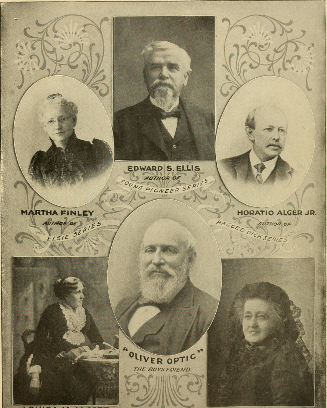 Portraits of American authors, including Alger