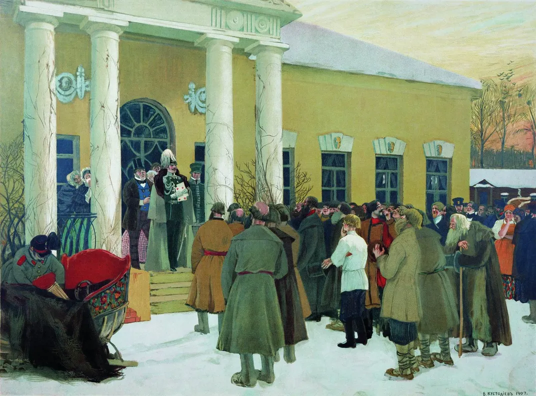 A 1907 painting by Boris Kustodiev depicting Russian serfs listening to the proclamation of the Emancipation Manifesto in 1861