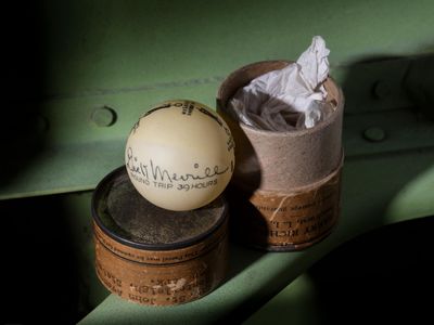 Rare souvenir: Sold in 1936, this ping-pong ball flew across the Atlantic—twice—with Dick Merrill.