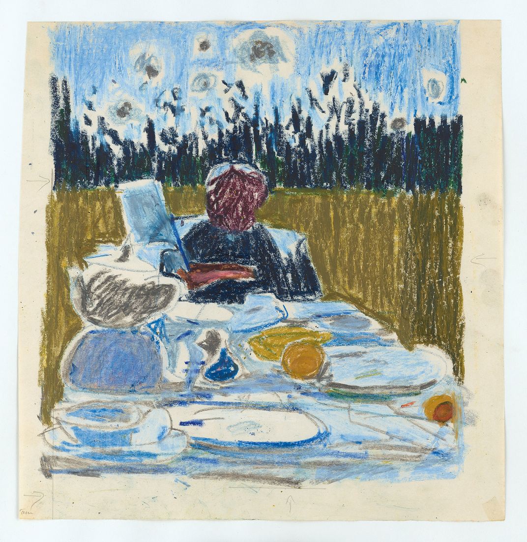 a colorful drawing of a man having a picnic in a garden setting