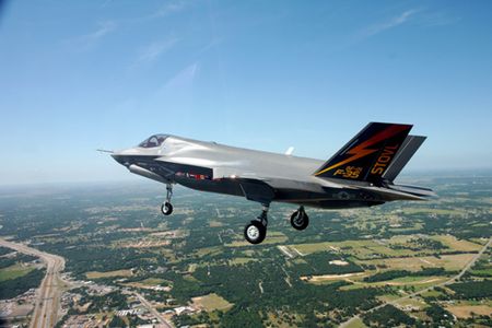 The vertical variant of the Joint Strike Fighter takes off.