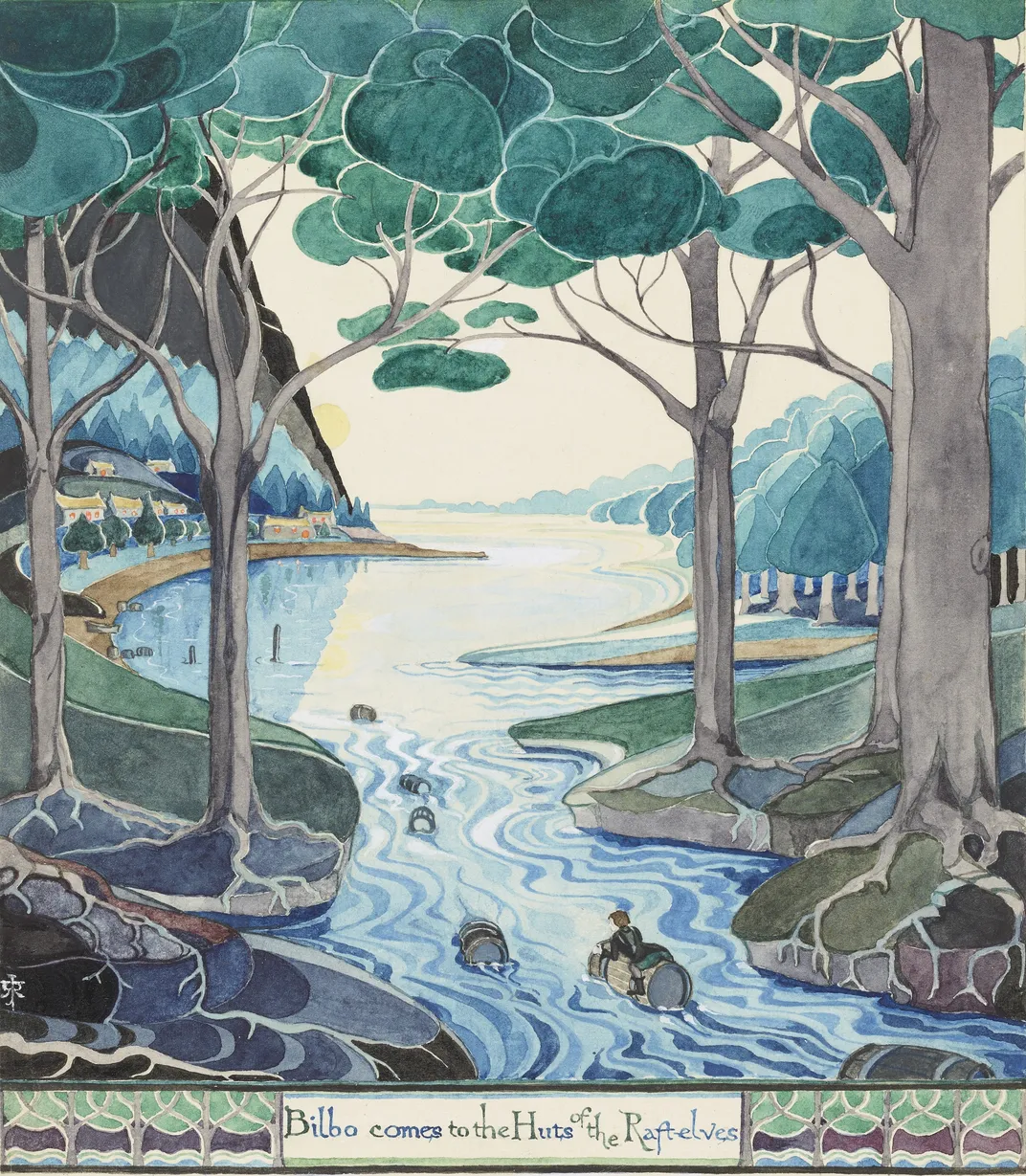 A watery blue-green scene of a small hobbit clinging to a tree branch, floating down a gorgeous river