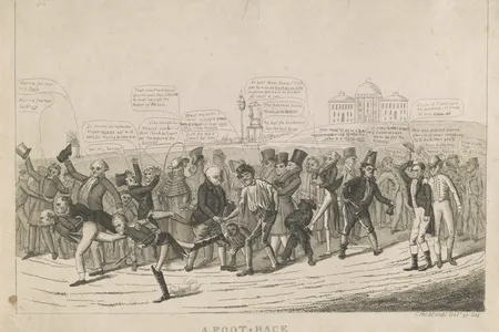 A political cartoon depicting a footrace for the position of president in the 1824 election