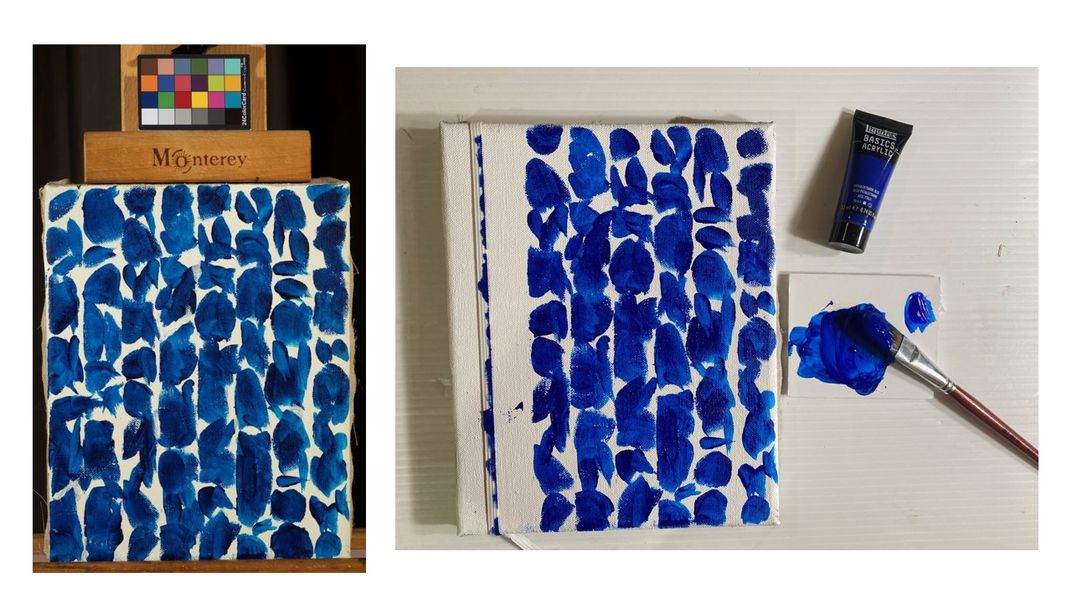 Two images, side-by-side. On the left is a white canvas with blue pats of color on an easel with a color card above. On the right is a mock-up canvas with blue pats and an elastic around it, a paintbrush, and blue paint.