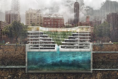 Danish architecture firm THIRD NATURE's POP-UP project stacks a parking garage on top of a water reservoir.