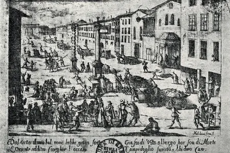 An etching of carts laden with corpses in the Piazza San Babila, Milan during the plague of 1630.