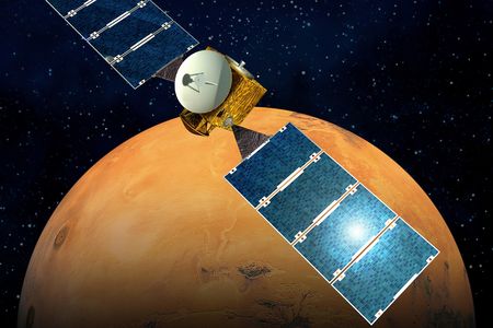 Artwork depicts the European Space Agency's Mars Express spacecraft, which was launched from Earth in June, 2003 carrying the Beagle2 lander. Mars Express continues to function even today.
