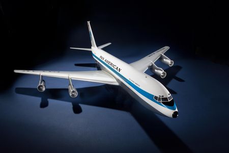 This scale model of a Boeing 707 is painted in the globally famous midcentury-modern livery of the Pan Am fleet.