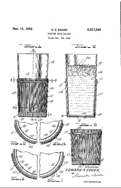 A look at Egger’s patent for a portable coaster for a coffee cup.