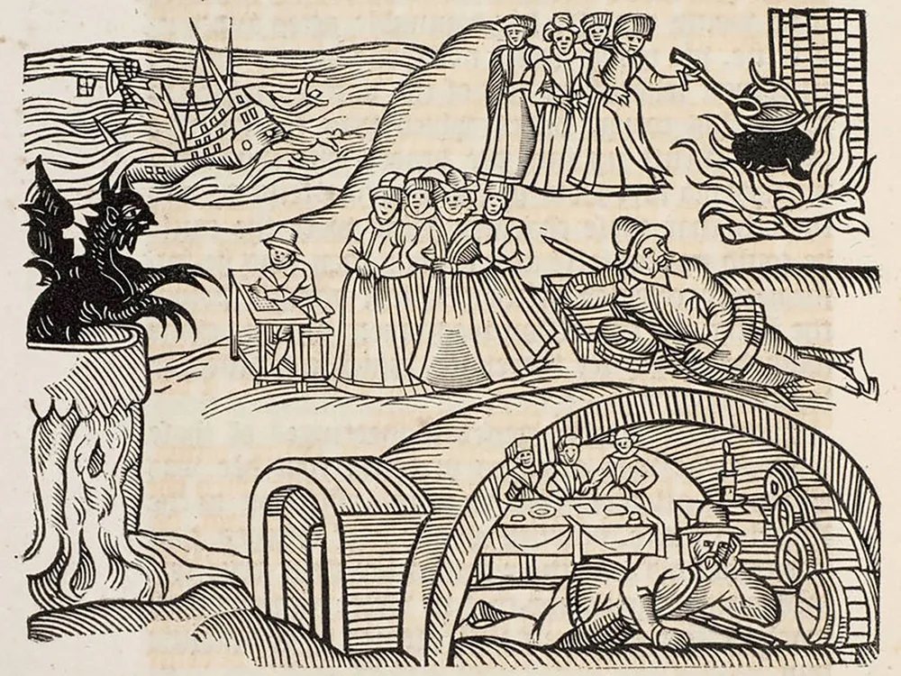 woodcut image on yellowed paper shows women brewing spells, a man taking notes from the devil and other crimes