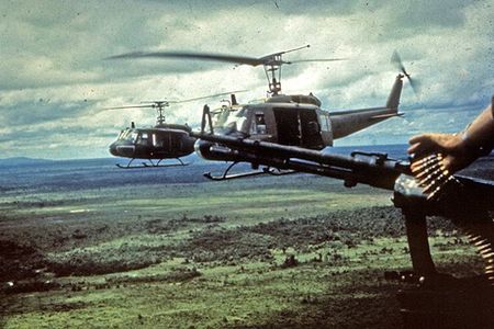 Bell UH-1 Iroquois (Huey) helicopters in flight over Vietnam, ca. late 1960s/early 1970s.