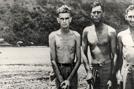 Bombardier Tony Pastula, pilot Harold Dixon, and radioman Gene Aldrich (left to right), survived 34 days afloat on a tiny raft.