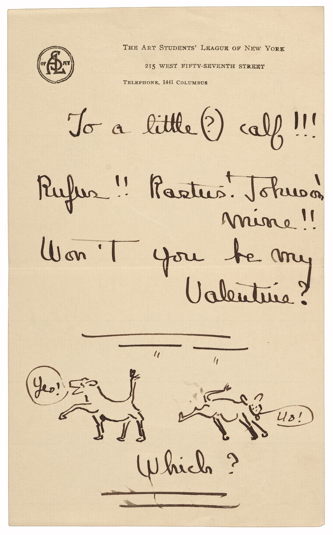 Illustrated valentine sent to Grace Mott Johnson by Andrew Dasburg