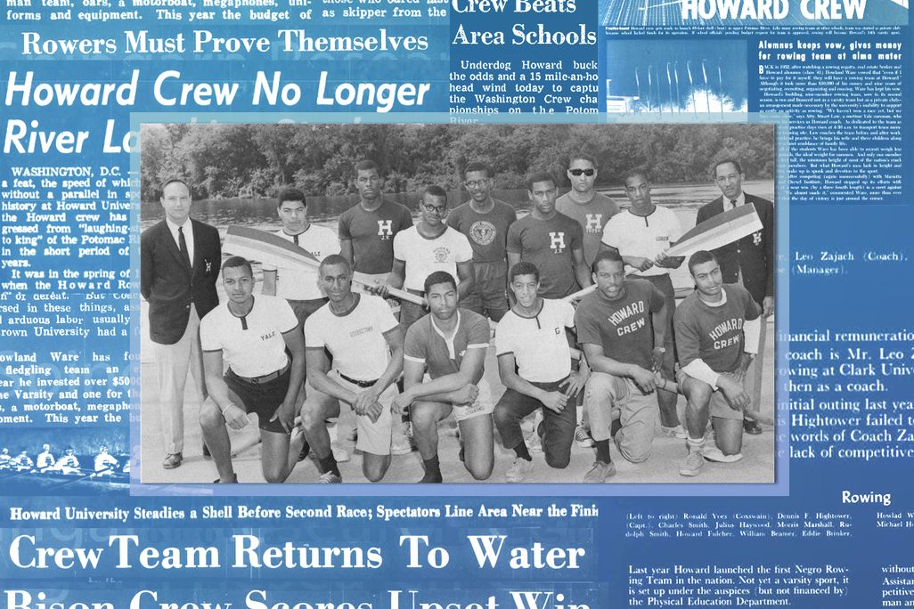 Illustration of the Howard rowing team against a backdrop of newspaper headlines about the crew program