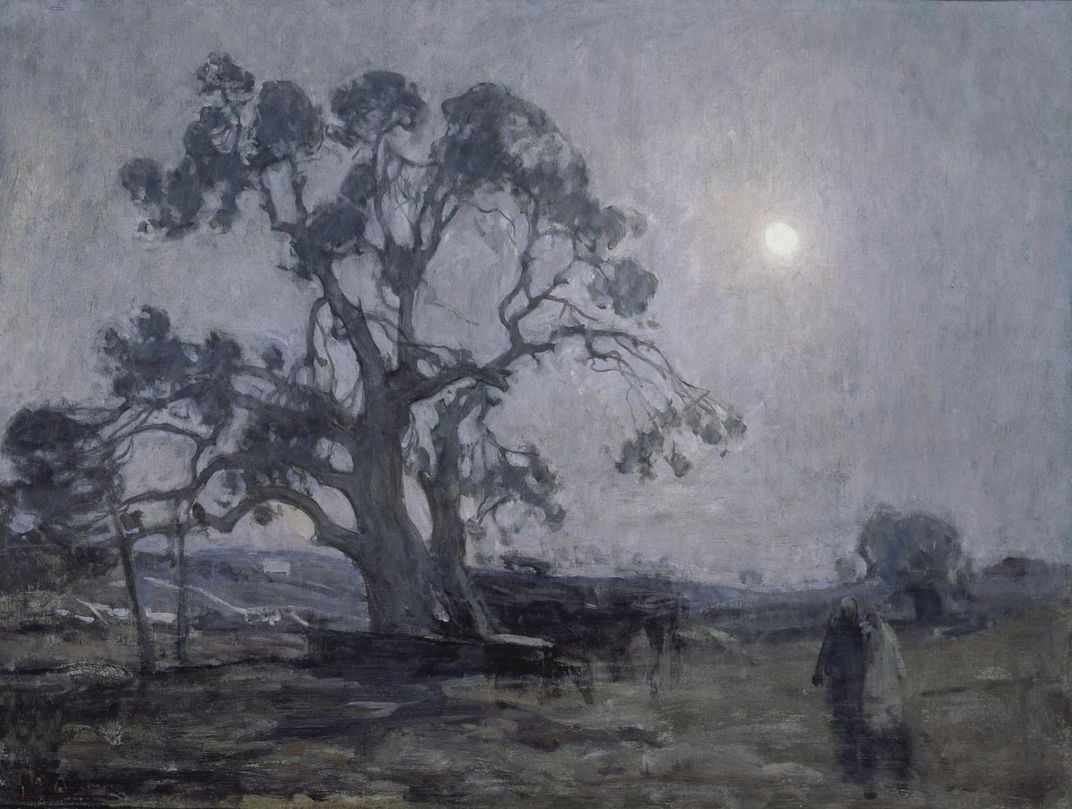 A painting of a night sky with a tree in the middle ground and the moon in the background.