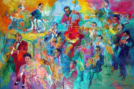 Depicted in Big Band are: Billie Holiday, Louis Armstrong, Ella Fitzgerald, Lionel Hampton, Duke Ellington, Benny Goodman, Jerry Mulligan, Charlie Parker, John Coltrane, Lester Young, Glen Miller, Charles Mingus, JJ Johnson, Miles Davis, Dizzy Gillespie, Wynton Marsalis and Gene Krupa.