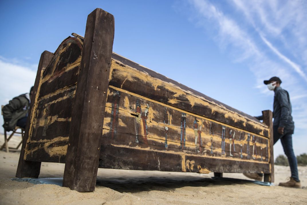 An adorned wooden sarcophagus unveiled at the Saqqara necropolis on January 17, 2021