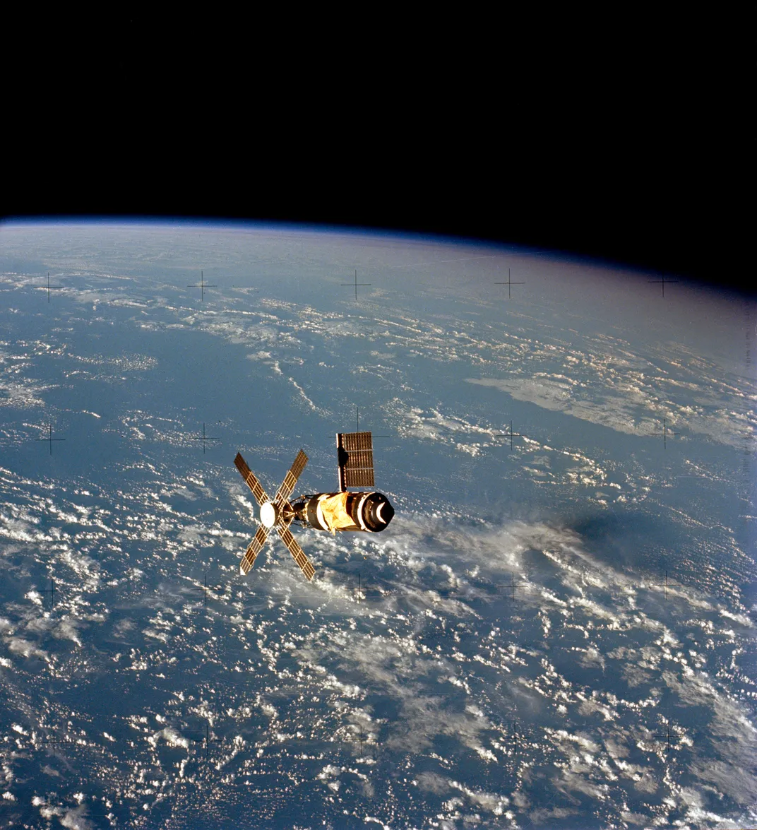 An overhead view of the Skylab space station taken during Skylab 2's final fly-around inspection in 1973