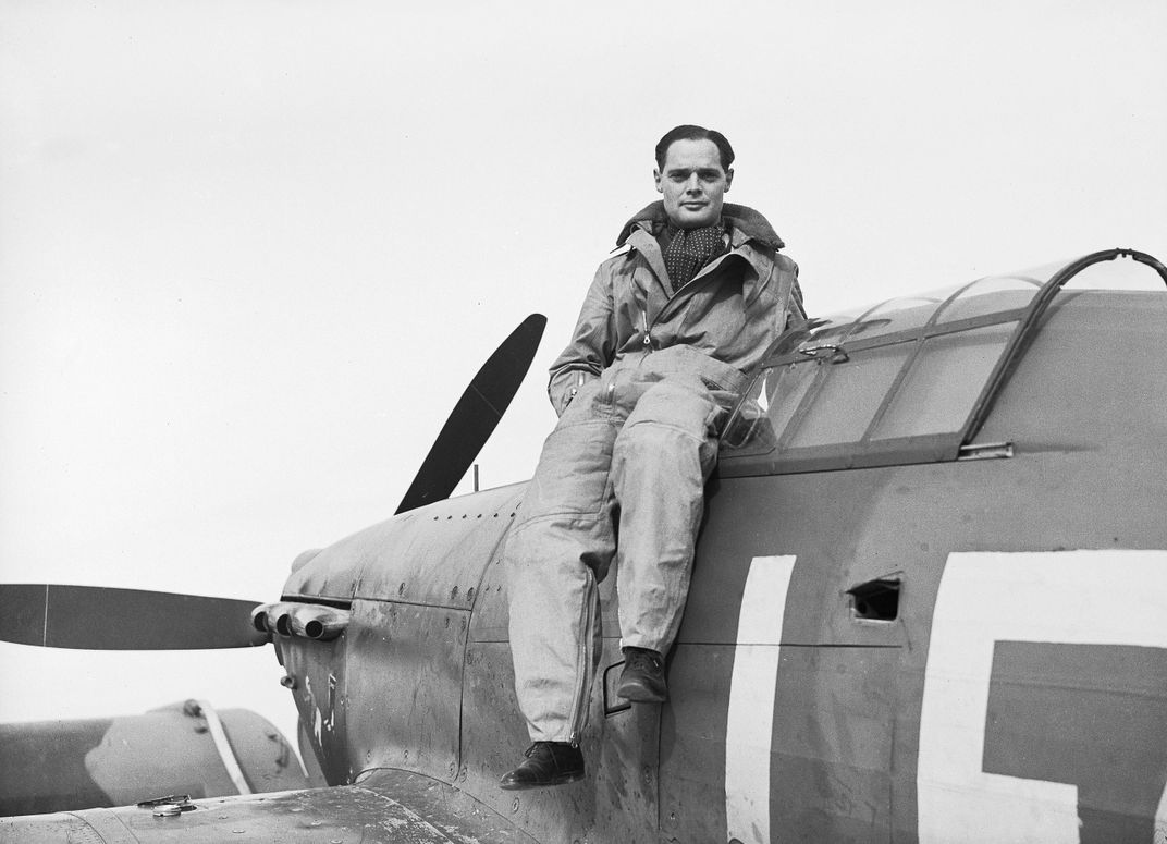 Douglas Bader sitting on his Hawker Hurricane aircraft during the Battle of Britain in September 1940