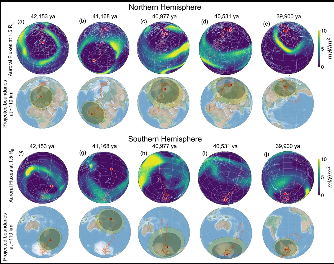Diagram of the Laschamps excursion. At this time, you could see auroras, depicted here by gradients of green and yellow, from most of the globe.