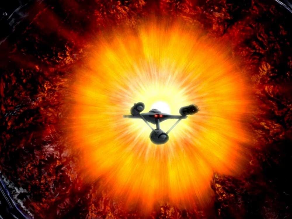 The Doomsday Machine, a cone-shaped planet destroyer, from Star Trek: The Original Series (1966). (Image courtesy of CBS Television Studios)