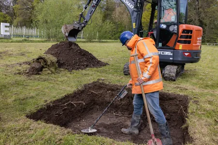 An employee of the Historical Circle Kesteren at a dig in the Dutch village of Ommeren, where researchers hoped to find treasure German soldiers buried during World War II