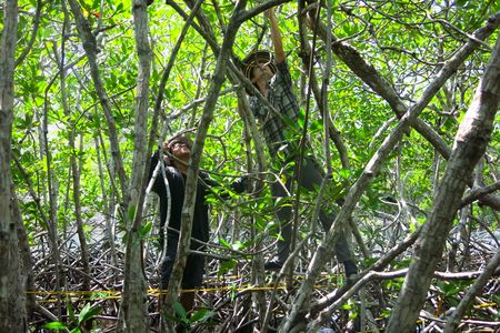 Steven Canty and Cristhian Perez of the Centro de Estudios Marinos of Honduras in the field. (Mayra Nuñez/Centro de Estudios Marinos)