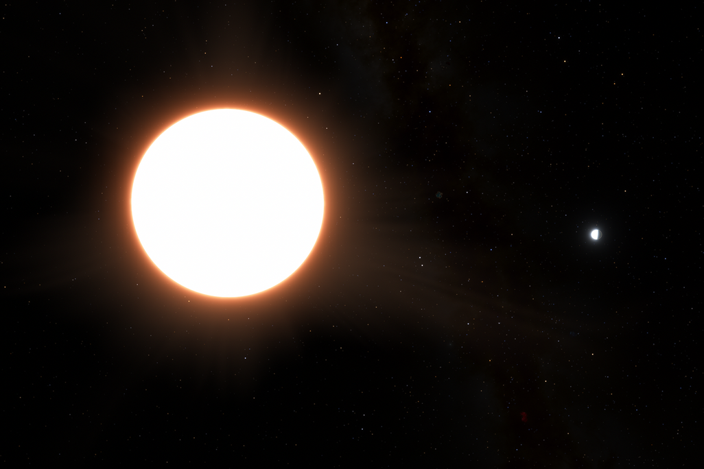 An artist's rendition of a brightly shining star against the darkness of space, with an exoplanet seen orbiting it to its right