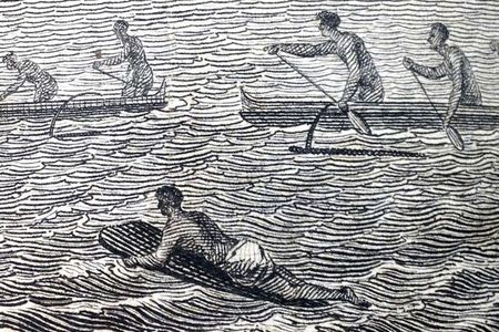 Detail of a surfer in "A View of Karakakooa, in Owyhee," an etching made by an artist accompanying the Cook expedition.