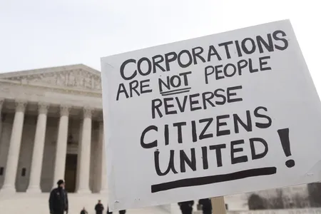 Crowds outside the U.S. Supreme Court in 2012 protest its landmark decision in the Citizens United case, which removed limitations on corporate donations to political figures. Zuckerman would later issue his own protest by creating a custom postage stamp with controversial political imagery in response to the ruling.&nbsp;