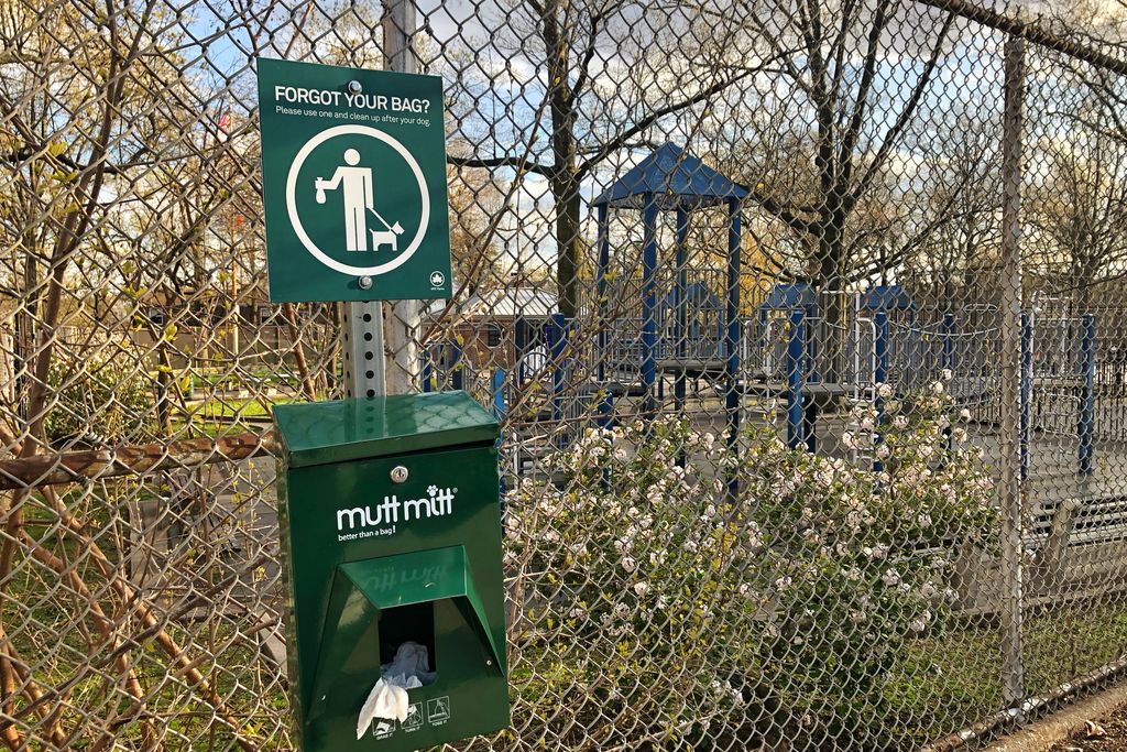 A container with dog waste pick up bags outside a park in New York City.