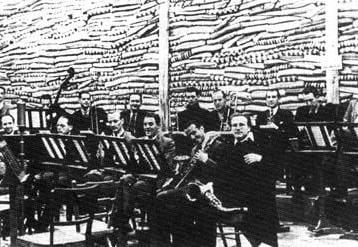 Members of Charlie and His Orchestra practice in 1942. Their base was then a mattress factory.