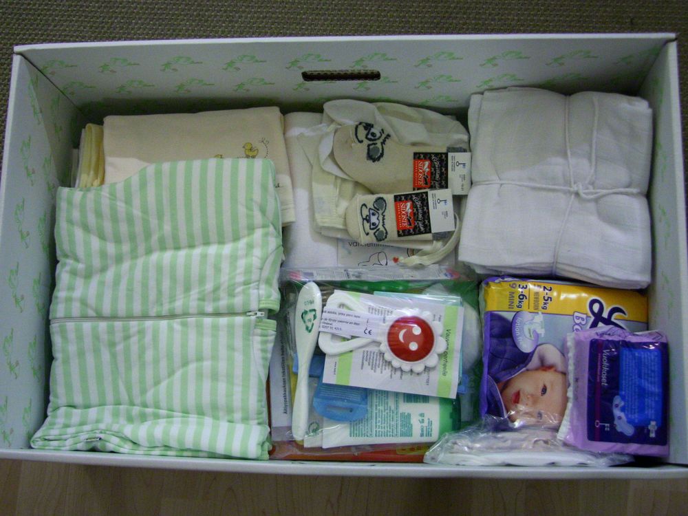 A maternity care package provided by Finland.