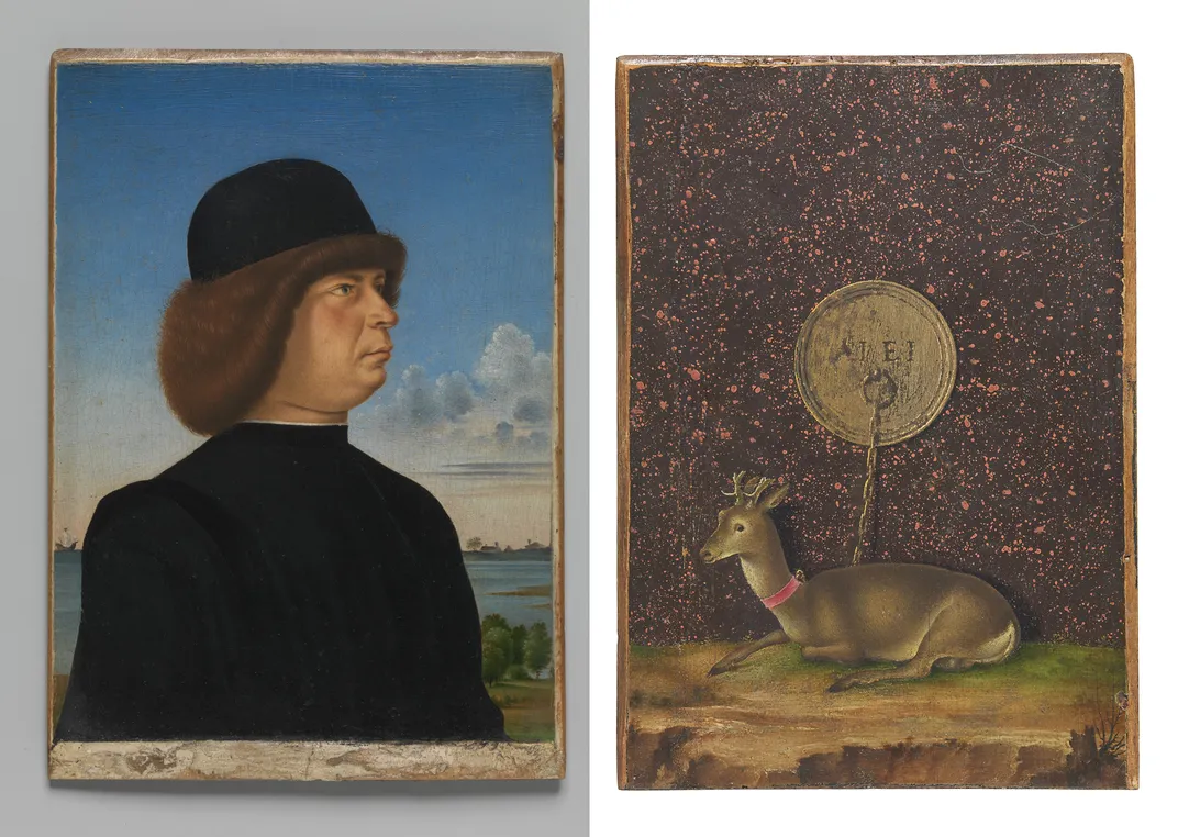 Portrait of Alvise Contarini (left) and A Tethered Roebuck (right) by Jacometto, circa 1485-1495