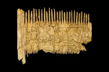 The ivory comb shows gazelle-like animals attempting to escape predators.
