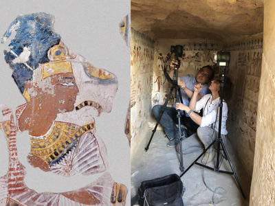A portrait of the Ramesses II (left) and researchers Philippe Walter and Catherine Defeyt using portable X-ray fluorescence equipment to take measurements (right)
