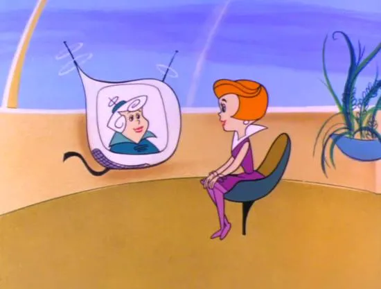 Jane Jetson talking to her mother over videophone in the first episode of The Jetsons (1962)