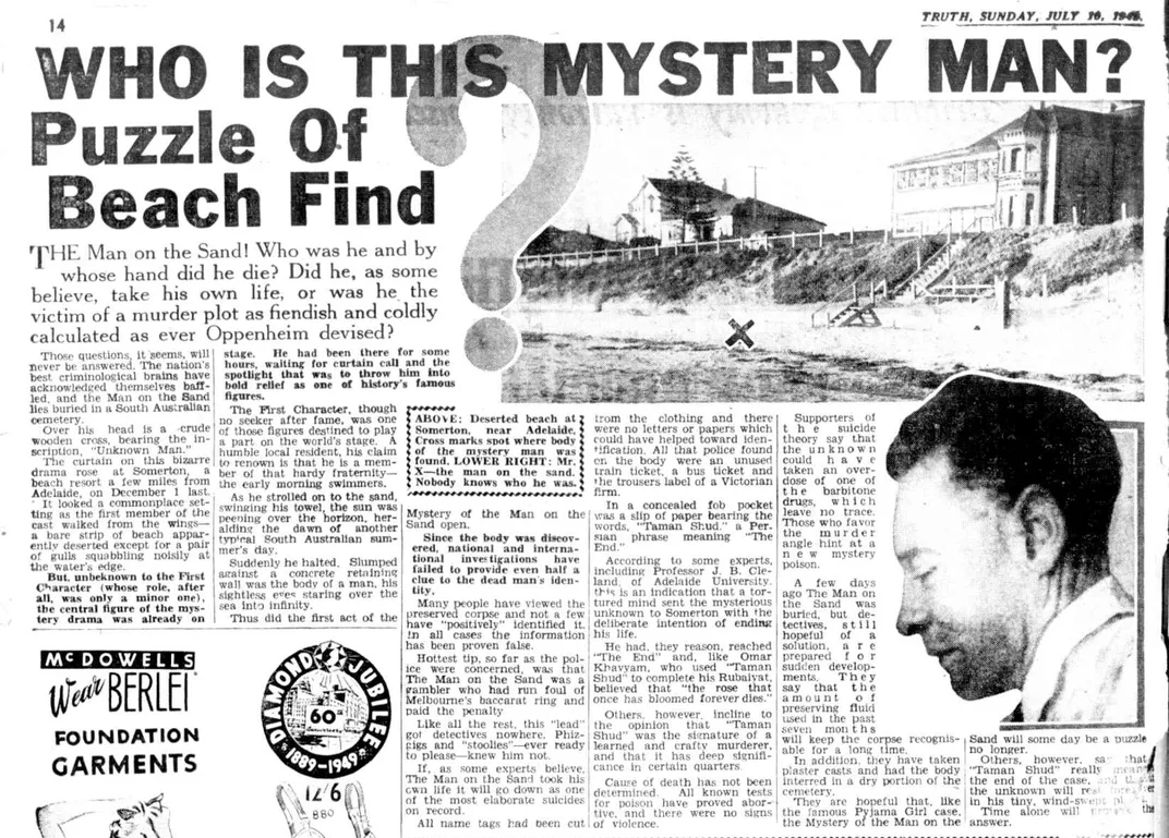 A July 1949 newspaper article about the Somerton Man