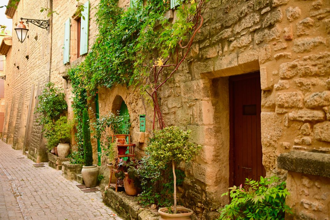 Age-old houses in hilltop walled village of Castillon du Gard