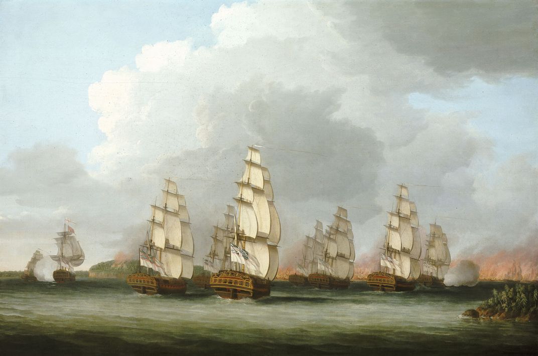 A painting of the destruction of the American fleet at Penobscot Bay in August 1779