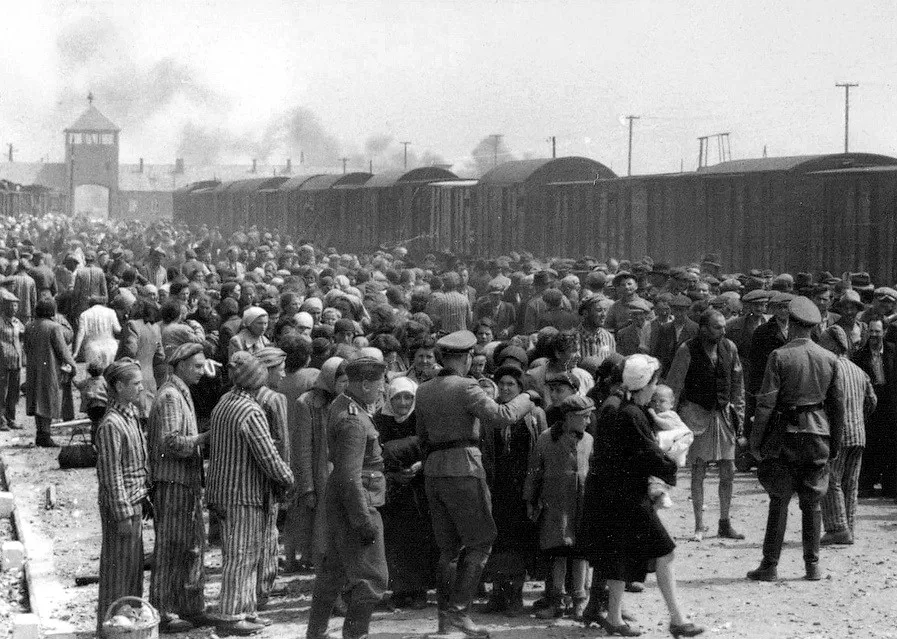 A photo from the Auschwitz Album, which shows Hungarian Jews arriving at Auschwitz in 1944