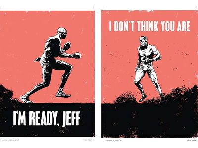Two panels from&nbsp;Last on His Feet, depicting boxers Jack Johnson and Jim Jeffries