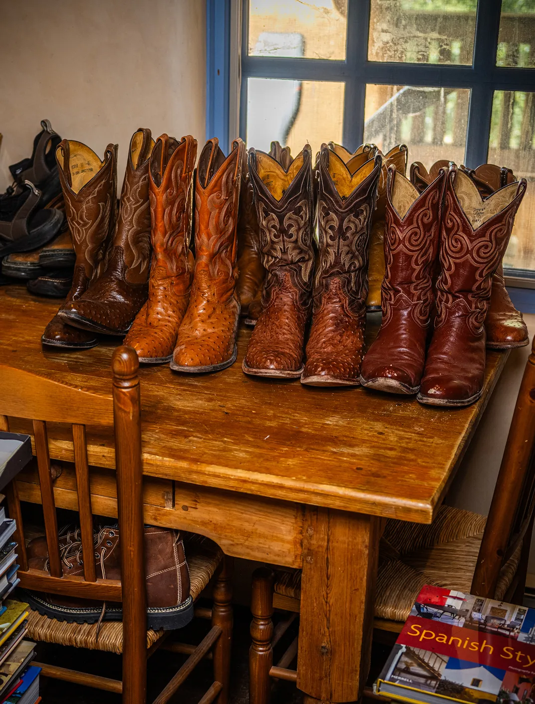 A selection from the natty novelist’s stockpile of cowboy boots.