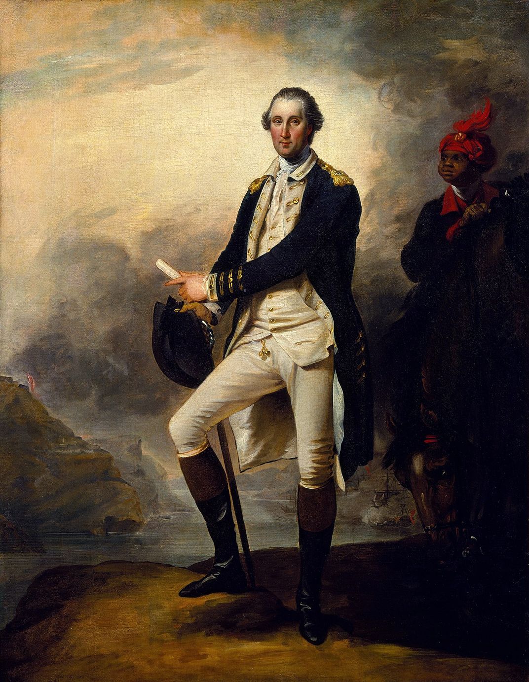 A 1780 John Trumbull painting of George Washington, with William Lee, Washington's enslaved servant, in the background