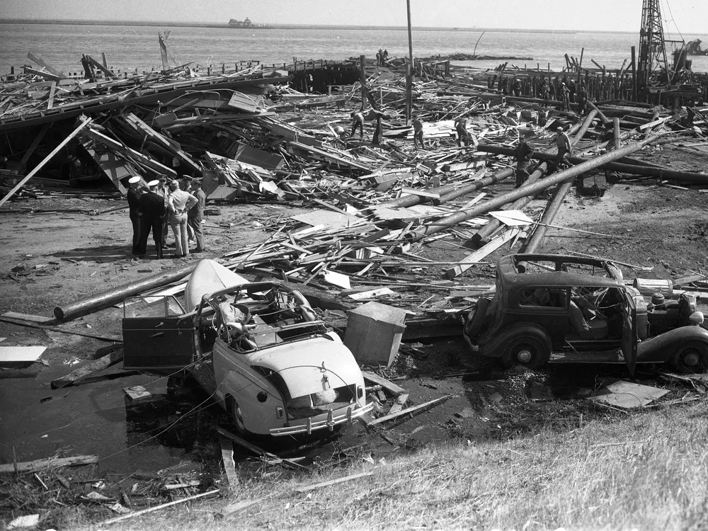 Black and white photo of rubble