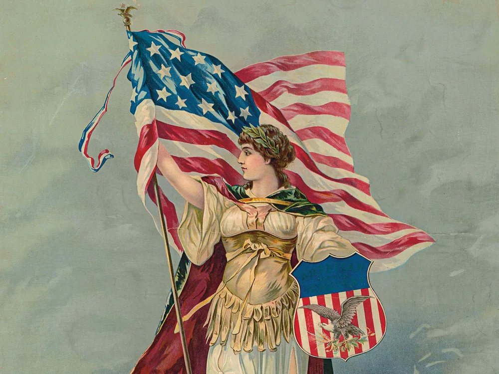 a women figure holding the flag of the United States of America