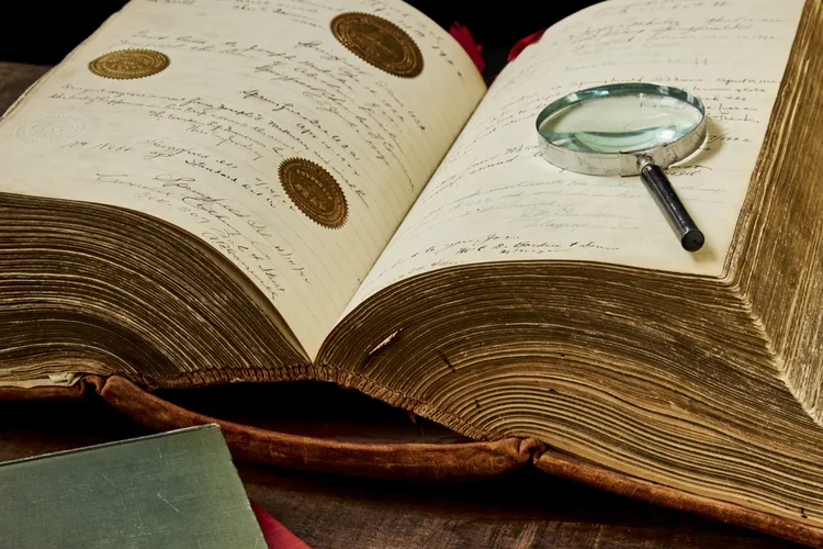 Joseph Mikulec's autograph book, with a magnifying glass on its open face